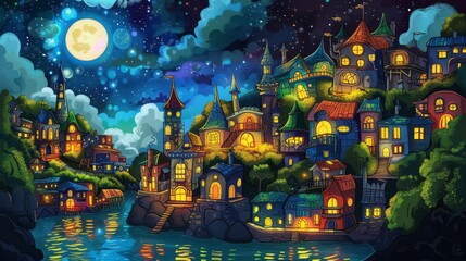 Vibrant night scene of a whimsical village with illuminated windows, set under a starry sky and a large moon, reflecting on water. Ideal for fantasy and storybook themes.