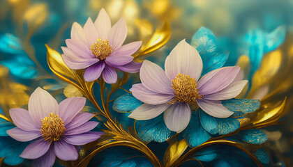 Magnifiques fleurs d'or avec texture d'arrière-plan marbré de couleur rose et bleuté