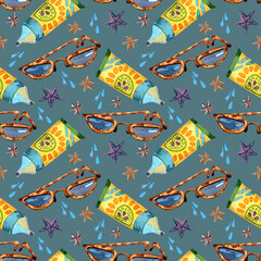 Naklejka premium Fashionable sunglasses, cream and stars on a blue background, seamless pattern.