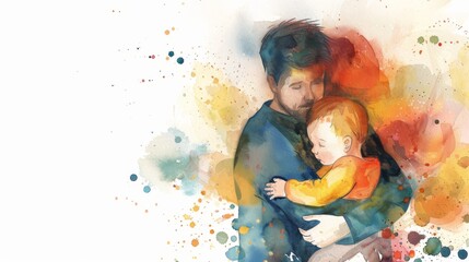 Obraz na płótnie Canvas Watercolor of a father holding his child, symbolizing paternal love and care. Ideal for family, parenting, and emotional connection themes.