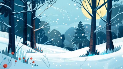Serene winter forest scene with snow falling among dark and light trees, a tranquil landscape suitable for season-related designs.