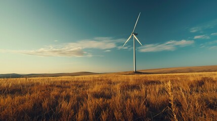 Lone Wind Turbine Standing Tall in Golden Field at Sunset - obrazy, fototapety, plakaty