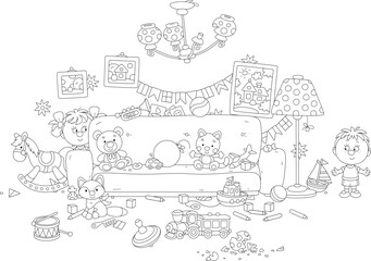 Funny little boy and girl romping and merrily playing hide and seek in their room with a big soft sofa and many toys scattered in mess, black and white vector cartoon illustration for a coloring book