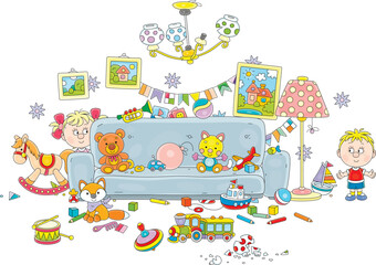 Funny little boy and girl romping and merrily playing hide and seek in their room with a big soft sofa and many colorful toys scattered in mess, vector cartoon illustration on white