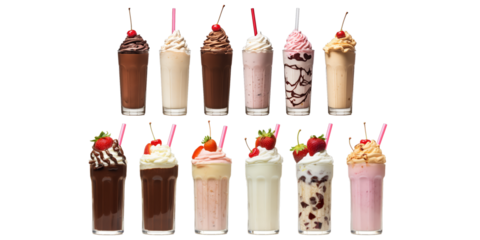 Collection of milkshake isolated on a white background as transparent PNG