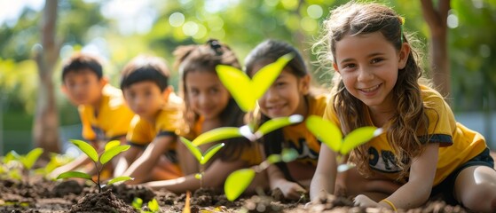 Schoolchildren learn climate action through tree planting, outdoor education, vibrant garden on a sunny day.