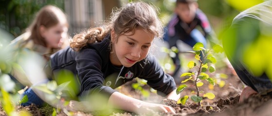 Schoolchildren learn climate action via tree planting, outdoor education, vibrant garden on a sunny day.