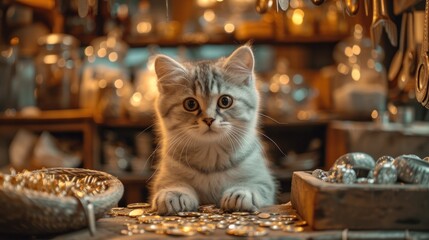  a kitten sitting on top of a table next to a bowl of gold coins and a basket of silver coins in front of a shelf full of gold and silver ornaments.