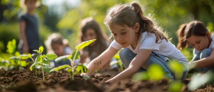 Schoolchildren learn climate action by planting trees, outdoor education, in a vibrant school garden on a sunny day. - Powered by Adobe