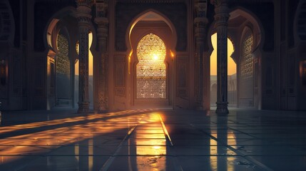 Moon light shining through a mosque window, A beautiful mosque view, Islamic backgrounds