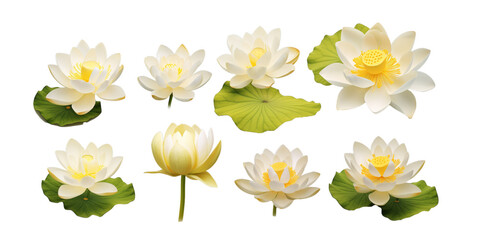 Collection of lotus flower isolated on a white background as transparent PNG