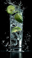 A transparent, long glass with sparkling water and ice and a dynamically falling half-cut lime, black back ground