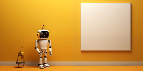 A small vertical layout in a white frame near a robot standing, Blank wooden photo frame mockup template