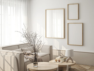 Frame mockup, ISO A paper size. Living room wall poster mockup. Interior mockup with house background. Modern interior design. 3D render
- 744752991