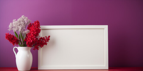 A small vertical layout in a white frame near a purple wall with a red vase with a plant, Blank wooden photo frame mockup template