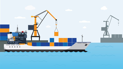 Flat cargo ship in docks. Harbor crane of shipping port loading containers to marine ocean freight vessel boat, worldwide marine industry water transport truck in sea port vector illustration - obrazy, fototapety, plakaty