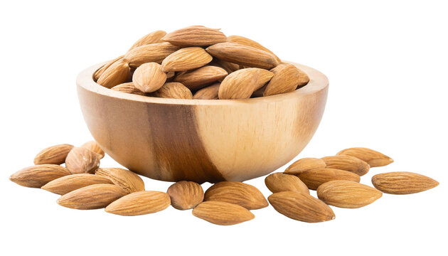 Almond nuts in wooden bowl and spoon isolated on transparent background.