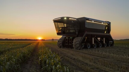 Naklejka premium Smart harvesters at dawn automated picking the future of farming efficiency