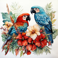 Fototapeta premium watercolor tropical summer frame with birds flower clipart, Generative Ai