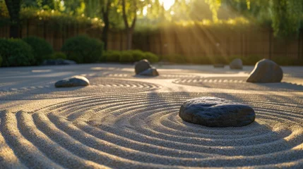 Foto op Plexiglas A serene Zen garden at dawn, perfectly raked sand, neatly arranged stones, gentle morning light creating soft shadows, symbolizing tranquility and mindfulness. Resplendent. © Summit Art Creations