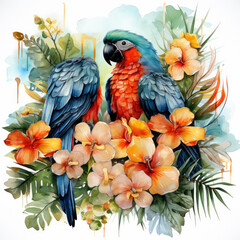 watercolor tropical summer frame with birds flower clipart, Generative Ai