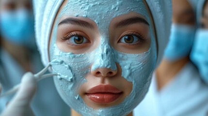  a close up of a woman with a mask on and a toothbrush in her mouth in front of a group of people with blue facial masks on their faces.