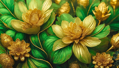 Magnifiques fleurs d'or avec texture d'arrière-plan marbré de couleur emeraude