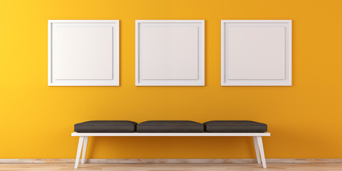 many white picture frames on a orange wall above a bench, ready for artwork display, Blank wooden photo frame mockup template