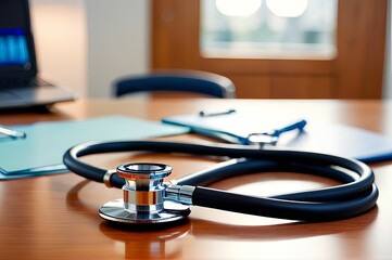 Medical stethoscope lying on table in medical office.