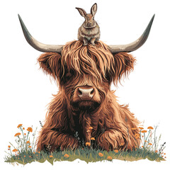 Watercolor Yak and cute bunny, Big brown bull, Yak digital file spring flower isolated on white background.