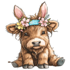 cute highland cow, wearing spring flower crown watercolor easter flowers
