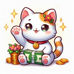Obraz na płótnie Canvas Kawaii lucky cat and money on isolate background. Lucky money charm wallpaper