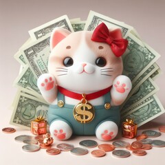 Kawaii lucky cat and money on isolate background. Lucky money charm wallpaper