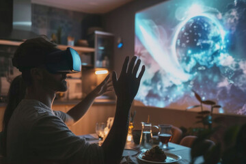 a man and friends are sitting at home at the table eating, with virtual glasses in front of them there is a projection of the screen, watching a movie, relaxing, working