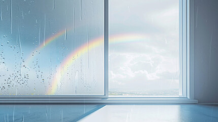 open window with raindrops, sunny weather with a rainbow