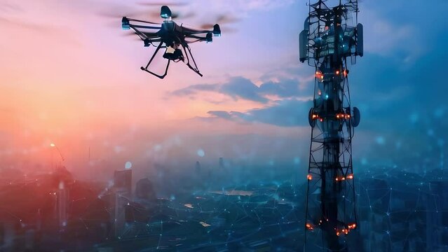 UAV drone flying near 5G cellular antenna during dramatic sunset, communication network. Telecommunication, smart city, Internet of Things