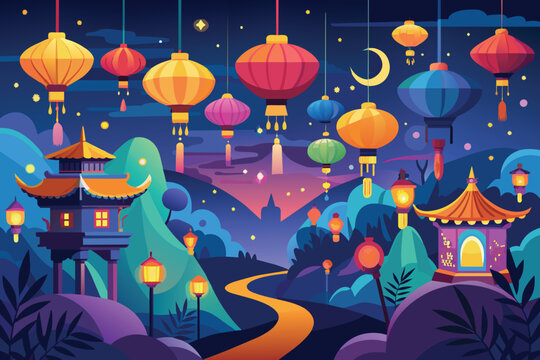 Lantern Festival, showcasing colorful lanterns illuminating the night sky. vector illustration