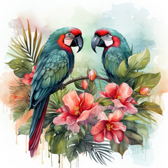 Obraz premium watercolor tropical summer frame with birds flower clipart, Generative Ai