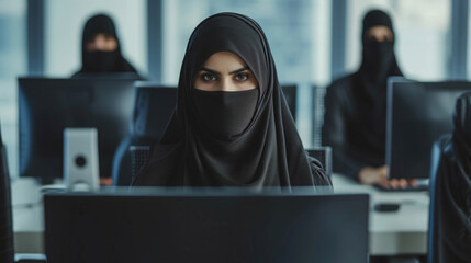 female workers in black headscarves working in the office at the computer, team, Islamic Muslim culture, only eyes open, looking into the frame - obrazy, fototapety, plakaty