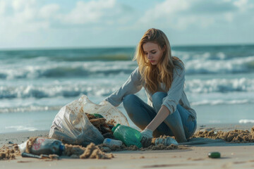 a young girl sat down on the beach and, wearing gloves, removes plastic bottles and garbage near the sea into garbage bags, environmental pollution