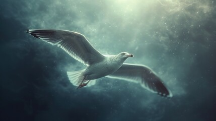 Obraz premium a seagull flying through the air with its wings wide open in front of a cloudy sky with stars and a bright light shining on the left side of the image.