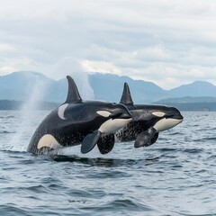 Obraz premium Family of Orcas Leaping Together in Wild Ocean Waters Against a Mountainous Backdrop