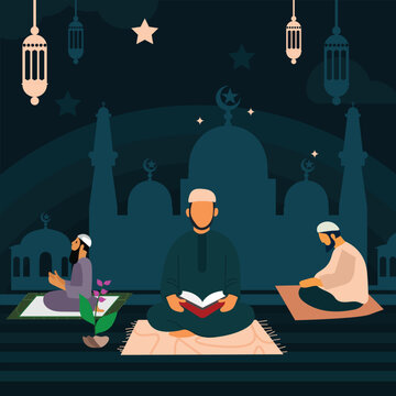 fllat ramadan with view of praying muslims with silhouettes of mosque in  vector illustration