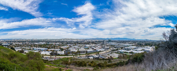 Baldwin Hills scenic overlook 180 degree panorama on a sunny afternoon in February 2024