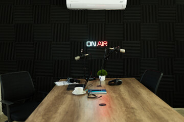 Black recording studio for professional audio recording for podcasts