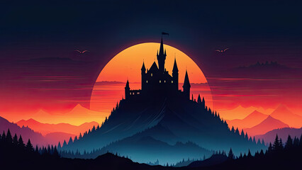 Dramatic red sunset in mountains.  Silhouettes of mountains, castle and trees. Vector style illustration - obrazy, fototapety, plakaty