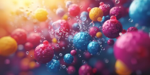 Colorful abstract particles in motion, potentially representing atoms, molecules, or pharmaceutical compounds in a scientific or medical context - obrazy, fototapety, plakaty