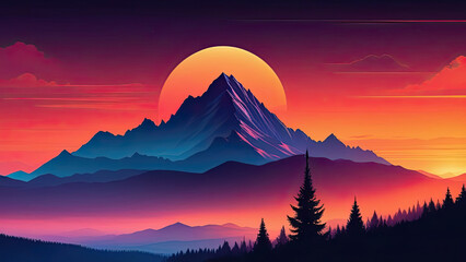 Dramatic red sunset in mountains.  Silhouettes of mountains and trees. Vector style illustration - obrazy, fototapety, plakaty