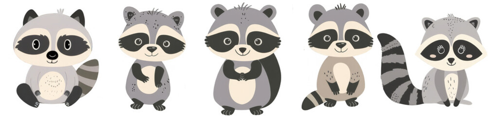 Obraz premium Adorable cartoon raccoon with a playful wink and a Collection of cute cartoon raccoons in various poses, ideal for children's books, wildlife education, and character design.