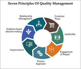 Seven Principles Of Quality Management - Customer focus, leadership, Engagement of people, Process approach, Improvement, Evidence based decision making, Relationship management. Infographic template 